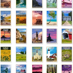 Peut inclure: Une collection de vingt-cinq impressions d'art rectangulaires présentant des illustrations stylisées de divers États américains, chacune affichant le nom de l'État, un surnom et un paysage ou monument caractéristique de cette région.