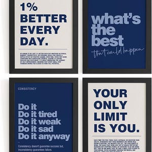 May include: Four framed motivational posters with black frames. The posters have white or navy blue backgrounds with white or light blue text. The text includes phrases like "1% Better Every Day" and "Your Only Limit Is You."