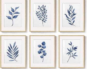 Conjunto de 6 láminas botánicas azules para pared, láminas botánicas minimalistas, decoración floral azul marino con hojas, láminas imprimibles en acuarela, descarga digital.