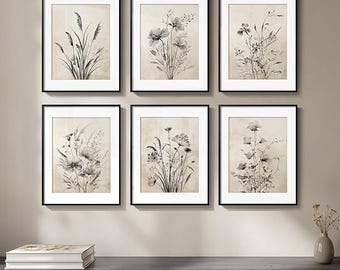 Vintage Botanical Prints Set of 6 | Black White Floral Wall Art Printable | Farmhouse Gallery Wall Decor Instant Download