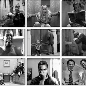 Op de afbeelding: Een zwart-witcollage van negen afzonderlijke scènes met diverse personen in binnenruimtes, waaronder badkamers en gangen, die een reeks expressieve gezichtsuitdrukkingen en houdingen vastleggen in een filmische lay-out met meerdere panelen.