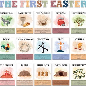 Puede incluir: Un conjunto de tarjetas ilustradas que representan escenas de la historia de la Pascua, incluyendo el Domingo de Ramos, la Última Cena y la Crucifixión. El título "THE FIRST EASTER" está en la parte superior. Cada tarjeta tiene un título y una imagen.