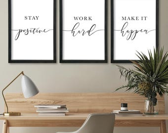 Inspirational Office Wall Art Set of 3, Motivational Quotes Printable Wall Art, Work Hard Stay Positive Make It Happen, Digital Download