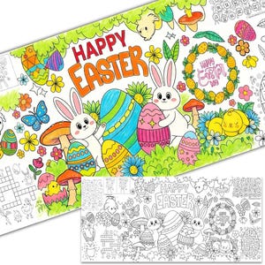 May include: A colorful Easter-themed coloring placemat featuring the text "HAPPY EASTER". The design includes Easter eggs, bunnies, flowers, mushrooms, and a "Happy Easter Day" wreath. A smaller, black and white version is also visible.