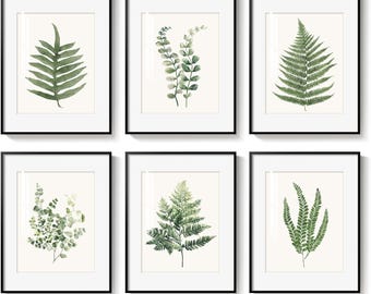 Botanische printset met varenblad, groene galerijmuurkunst (digitale download)
