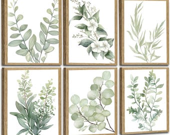 Ensemble de 6 oeuvres d'art mural botanique vert sauge eucalyptus, impressions de feuilles encadrées (téléchargement numérique)