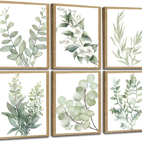 Eucalyptus Sage Green Botanical Wall Art Set of 6, Framed Leaf Prints (Digital Download)