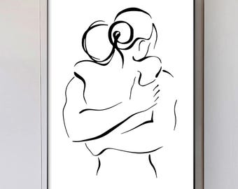 Abstraktes Paar Linie Kunst Druck, schwarz weiß Minimalist umarmt Poster (Digitaler Download)