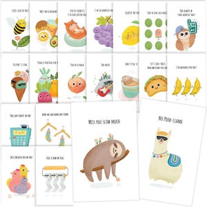 Może przedstawiać: Kolekcja dwudziestu dwóch kartek okolicznościowych z kolorowymi ilustracjami zwierząt, żywności i przedmiotów z kalamburami takimi jak Bee-leaf in you, Miss you slow much i No prob-llama, wydrukowanych na białym tle.
