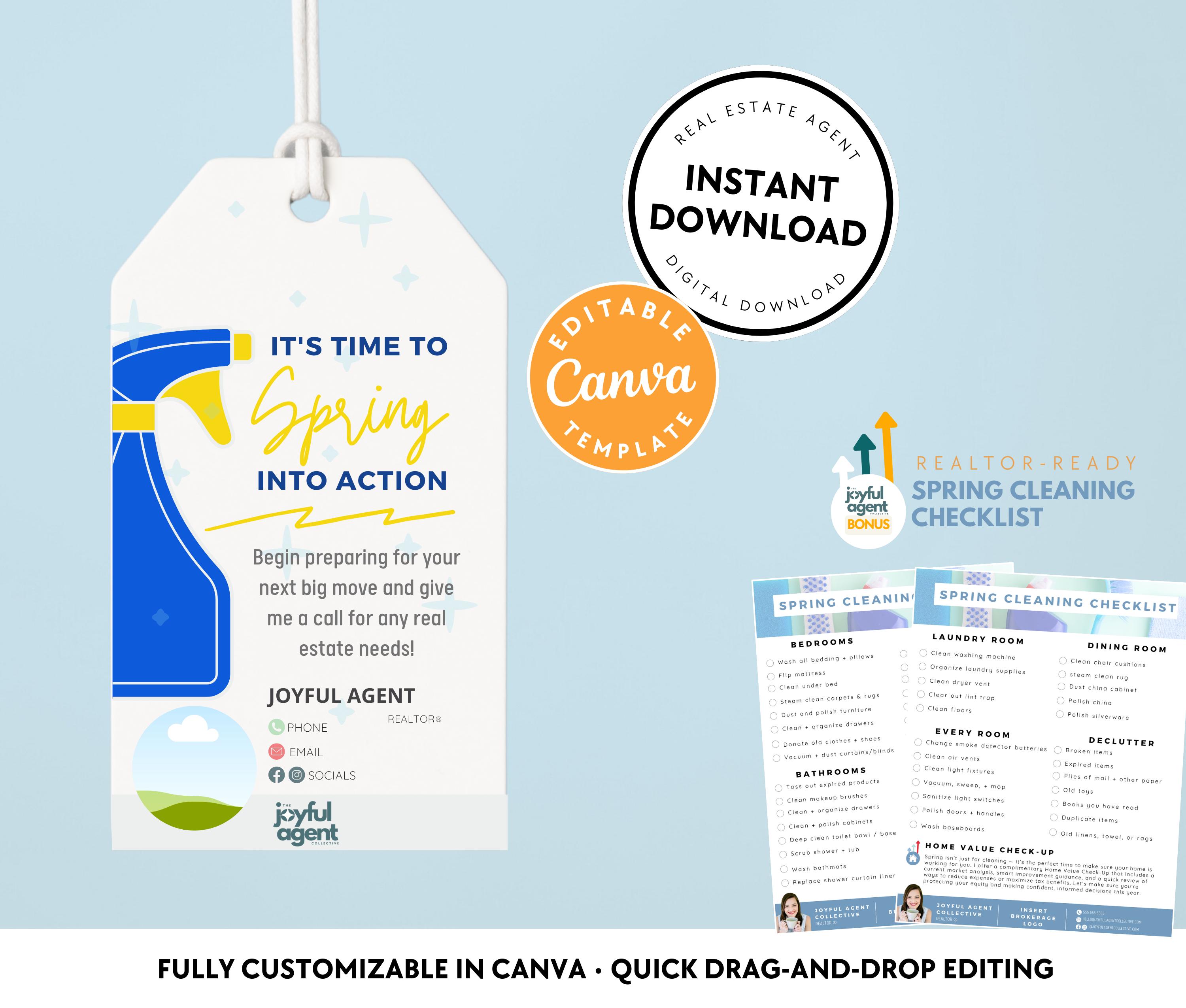 Spring Into Clean Tags Spring Realtor Pop-by Tag Canva Template With Cleaning Checklist - Etsy