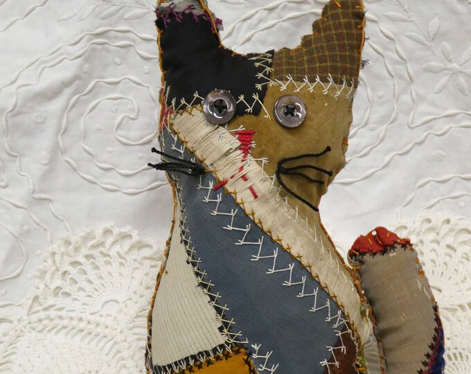 Antique Crazy Quilt Cat Pillow Handmade 13x9 Primitive Folk Art Small