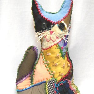 1950-60s Crazy Quilt Cat Pillow Hand Sewn, Stuffed Wool Crazy Quilt Cat Doll Pillow