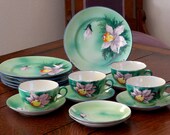 Orchid Tea Set Satsuma Lustreware Eggshell Porcelain, Tea Set Orchid Hand Painted Japan Green Lavender