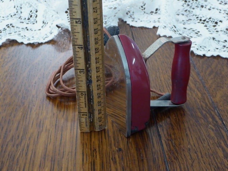 Vintage Miniture Red Iron Red Wood Handle Electric Cord Little Metal Iron Old Mini Red Travel Iron