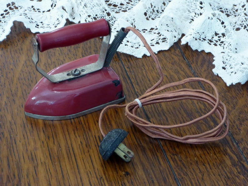 Vintage Miniture Red Iron Red Wood Handle Electric Cord Little Metal Iron Old Mini Red Travel Iron
