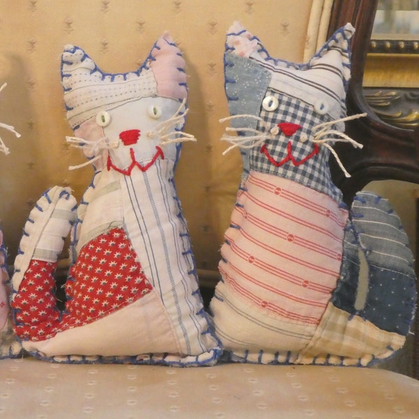 Vintage Scrappy Kitten Pillow Dolls 4.5"x8.25" Handsewn Primitive Folk Art Small Very Soft Pillow Doll 1930s Quilt