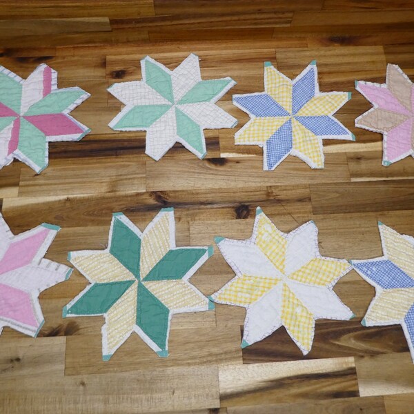 4 Pastel Quilt Stars Handstitched Quilt, Eight Point Star Quilt Pieces for Home Projects Pink Green Blue ***NEW LOW PRICE***