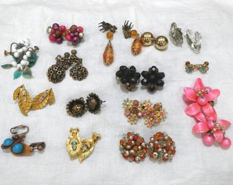 Vintage Earring Lot, Craft Destash, Colorful Clip & Pierced Earrings