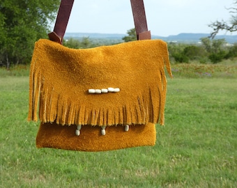 American Buffalo Suede Fringe Bag Handmade Primitive Leather Shoulder Bag
