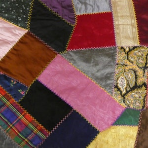 20&quot; Large Antique Silk Crazy Quilt Block Embroidered Jewel Tones Silk Jewel Colors Plaid and Textured Silks
