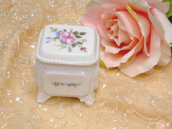 Vintage Milk Glass Ring Box: Hand Painted Roses by Westmoreland
