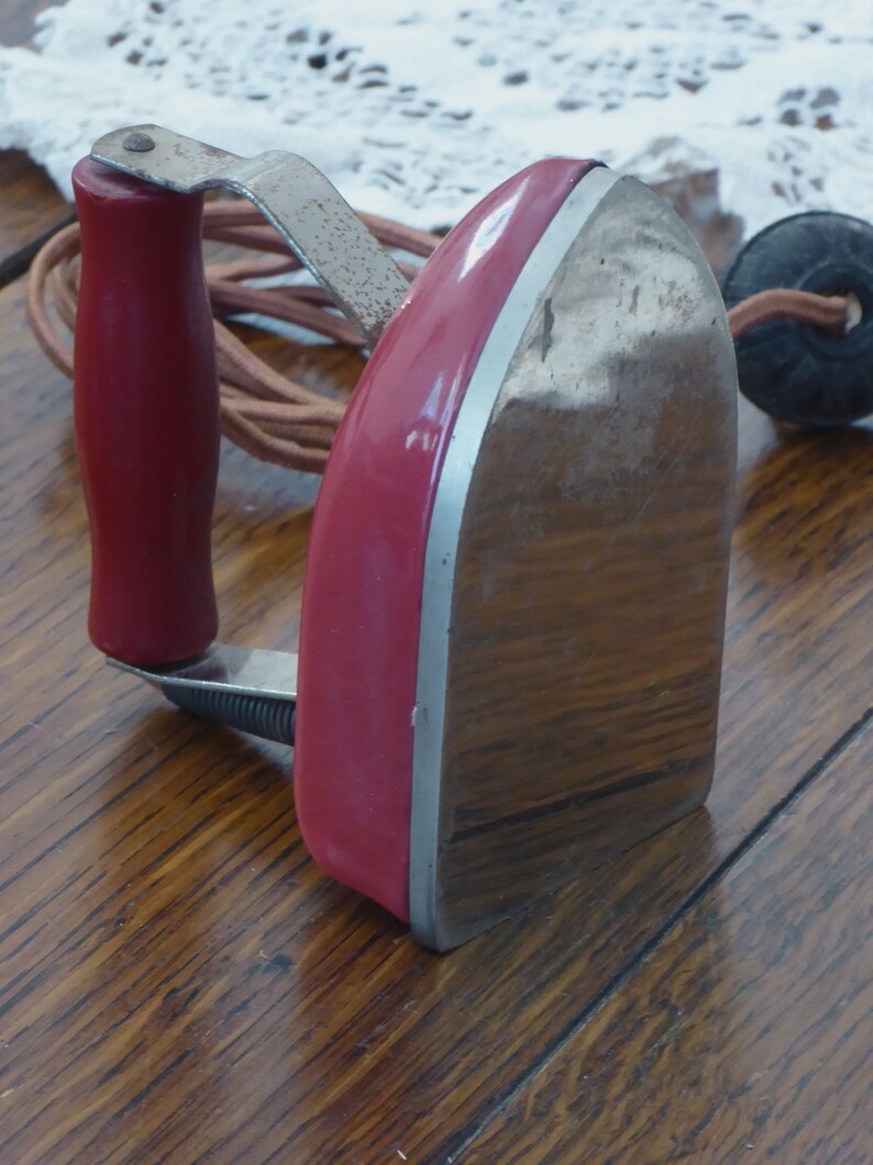 Vintage Miniture Red Iron Red Wood Handle Electric Cord Little Metal Iron Old Mini Red Travel Iron