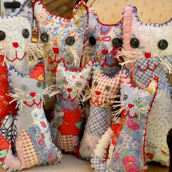 Vintage Baby Quilt Cats Kittens Red Blue Feedsack Quilt Doll Pillow Handmade 4.5"x8 8"x12.5" Primitive Folk Art Soft Doll Each Is OOAK