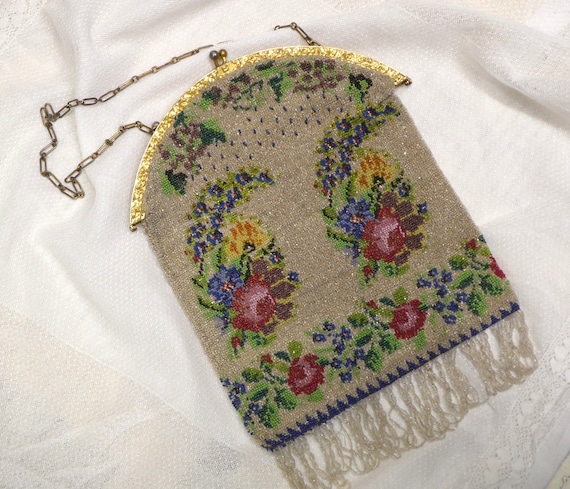 Late 1800's Victorian Micro Beaded Floral Evening Bag… - Gem