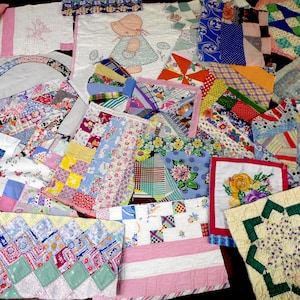 May include: A collection of assorted fabric quilt squares and blocks featuring various patterns, including floral prints, geometric shapes, plaid, and embroidered designs. The pieces display a wide range of colors such as pink, blue, green, and yellow.