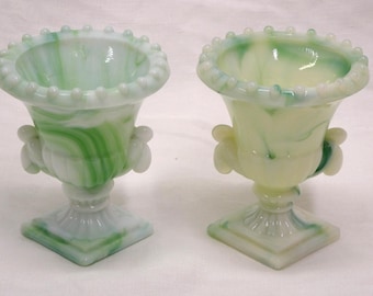 Green NYC Vogue Merc Co USA Slag Glass Akro Agate Urn Toothpick Holder, Green Slag Glass Agate Urn Match Stick Holder