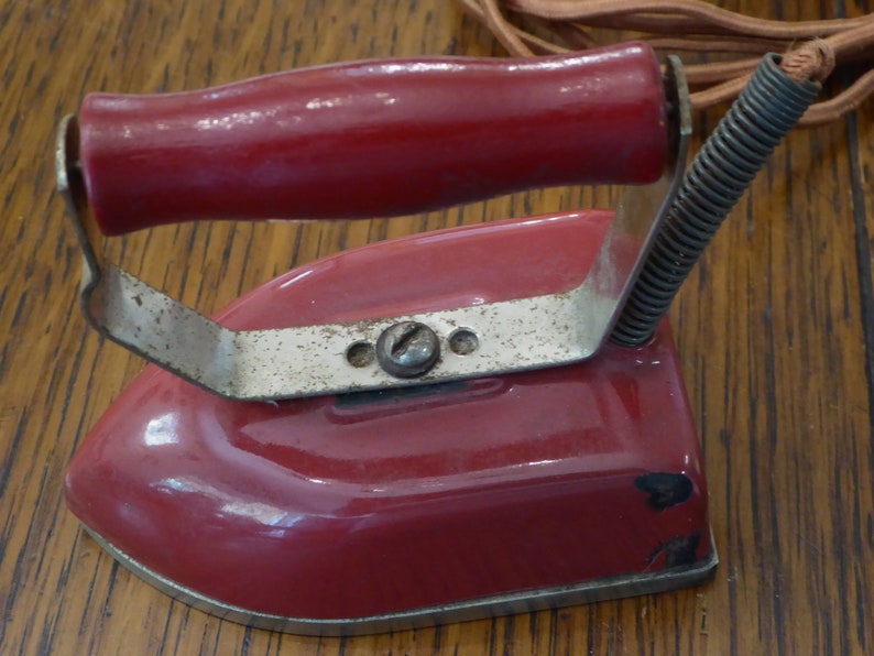Vintage Miniture Red Iron Red Wood Handle Electric Cord Little Metal Iron Old Mini Red Travel Iron