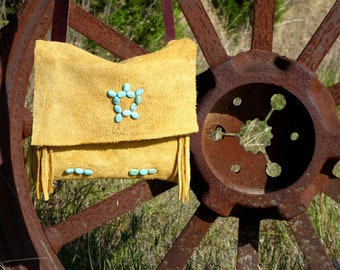 Handmade Bison Suede Bag: Turquoise Turtle Design, Hand-sewn