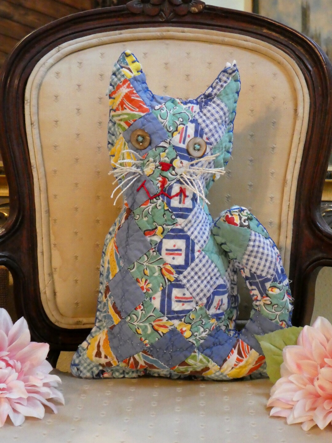 Vintage Around the World Quilt Cat Pillow Doll Handmade Etsy