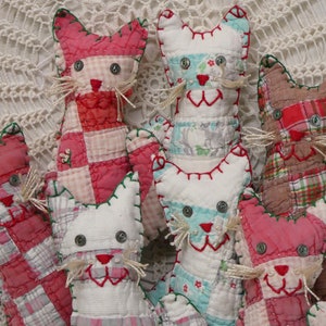 Kitten Pillow Dolls Vintage Quilt Hand Stitched 4.5"x8.5" Primitive Folk Art Small Soft Kittens - Chocolate Plaid Kitten Gray Plaid Kitten