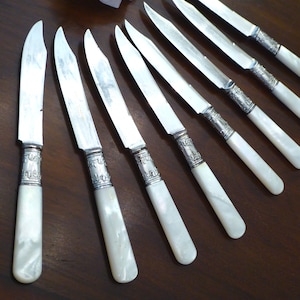 EIGHT Mother of Pearl Sterling Knives 6&quot; Dessert or Fruit Landers Frary & Clark Knives