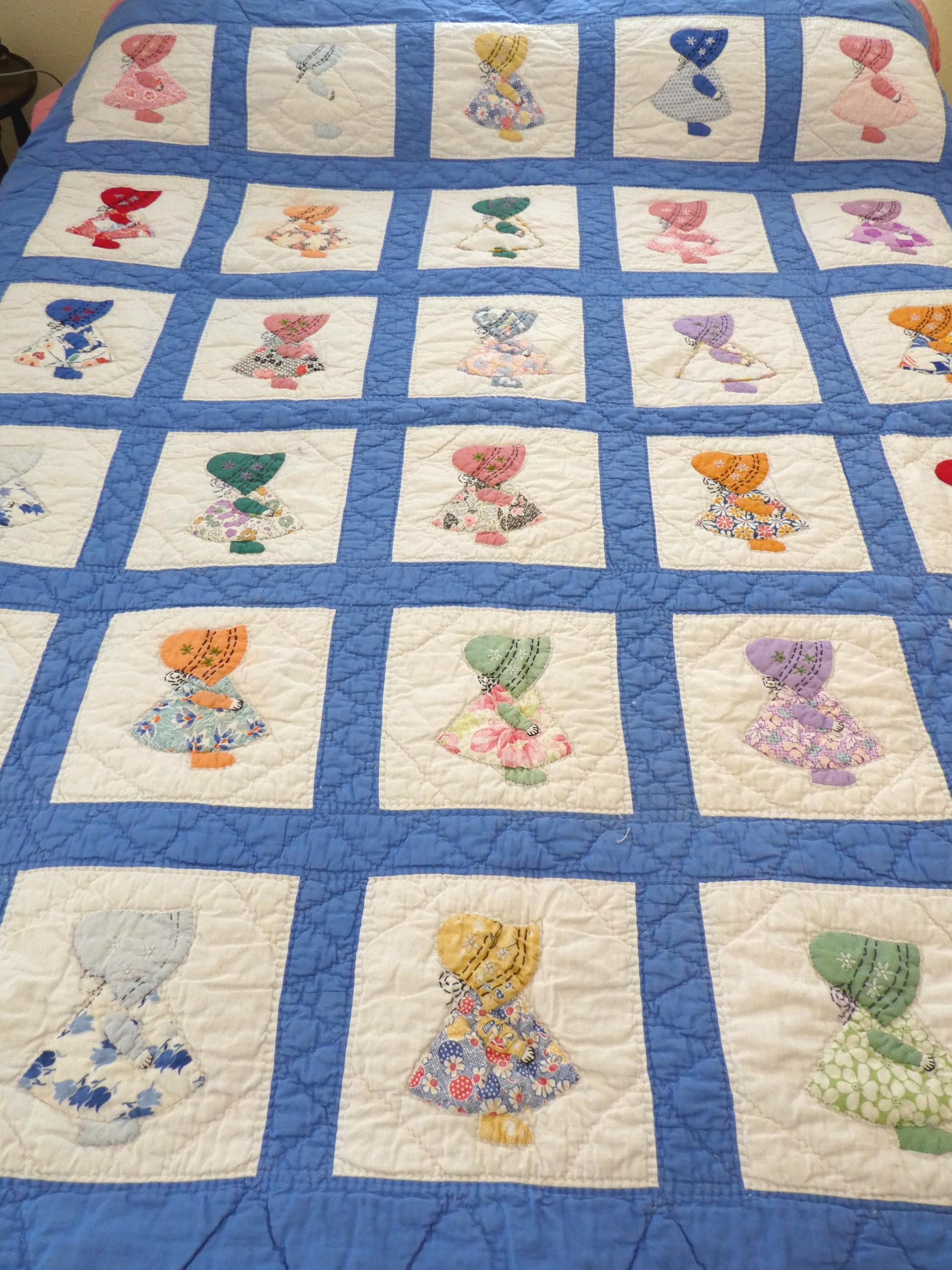 Vintage 1940s Sue Bonnet Girl Quilt: Hand-quilted Appliqued Decor