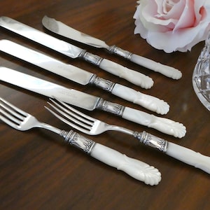 6pc Antique Carved Mother of Pearl Sterling Silverware Forks & Knives, Something Special Antique Sterling Mother of Pearl