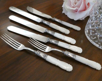 Carved Mother of Pearl Sterling Silver Forks and Knives 6pc Antique Dessert Set