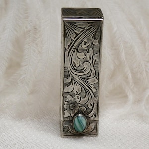 Vintage Italian Lipstick Case Firenze Floral 800 Silver Etched, Silver Lipstick Case with Pop Out Mirror and Green Cabochon