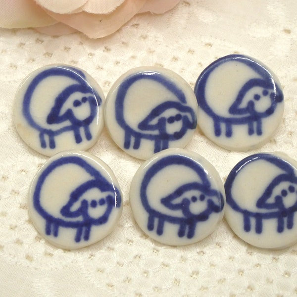 6 Lamb Buttons 21mm White Blue Round Ceramic Clay Handmade Buttons Vintage  (2 D-2)