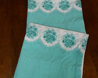 Vintage Turquoise Rose Flour Sack Pillowcases - Standard Size Pair