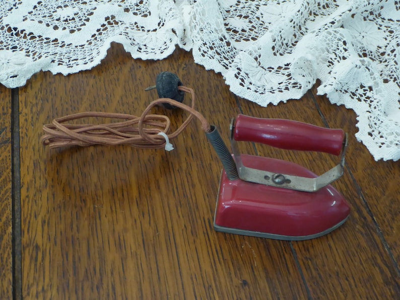 Vintage Miniture Red Iron Red Wood Handle Electric Cord Little Metal Iron Old Mini Red Travel Iron