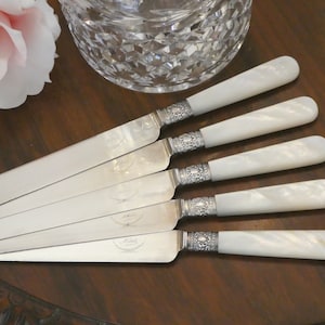 FIVE Mother of Pearl Sterling Banded Knives 9&quot;, 5 Sterling Banded Mother of Pearl Knives Engraved &quot;MGB&quot; on Blade