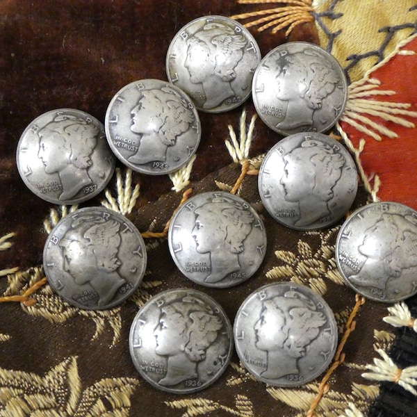 10 VINTAGE Mercury Dime Winged Liberty Silver Buttons, Real OLD Vintage Mercury Dime Vintage Buttons 17mm  (1-D3)