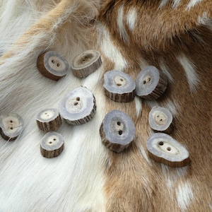 May include: A collection of 10 brown antler buttons with two holes each. The buttons are arranged on a white and brown fur background.