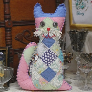 1940&#39;s Scrappy Quilt Cat Pillow Doll Pink Blue Patchwork 8.5&quot;x12.5&quot;, Hand Sewn Primitive Folk Art Small Very Soft Quilt Pillow Doll