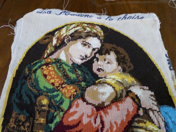 Madonna & Child Finished Needle Point 14.5x19 Vintage Needle Point Panel  Raphael's La Madone à La Chaise in Needle Point Made in France 