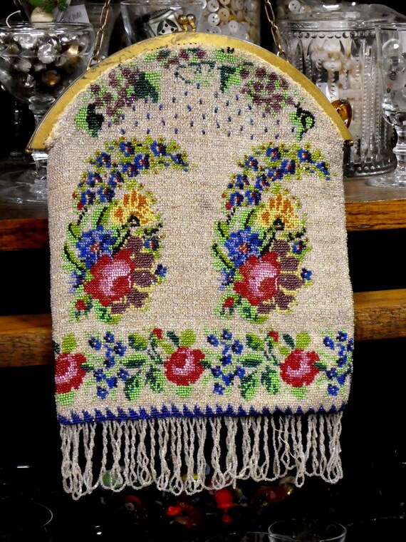 Late 1800's Victorian Micro Beaded Floral Evening Bag… - Gem