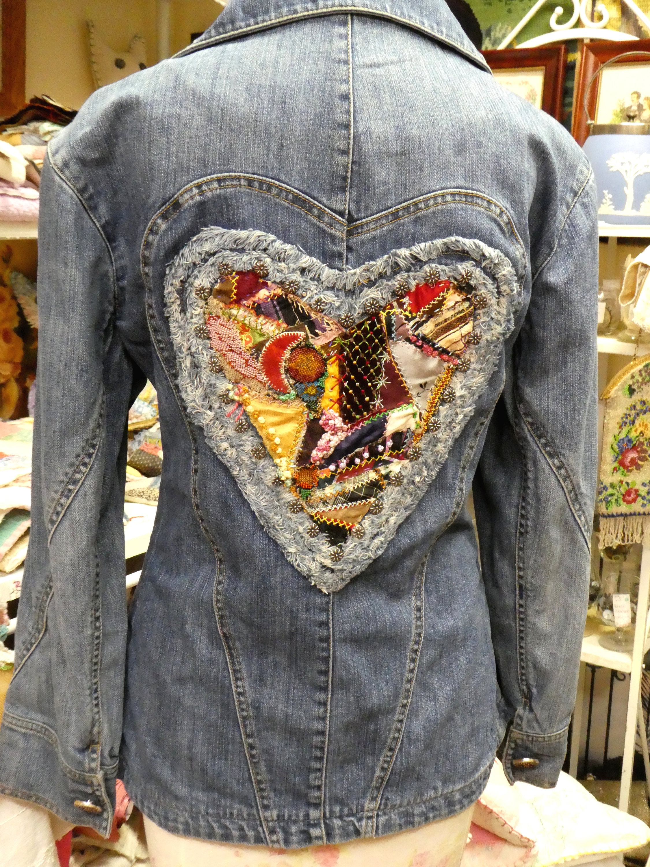 Brighton Upcycled Denim Jacket: Silk Crazy Quilt Heart Fitted