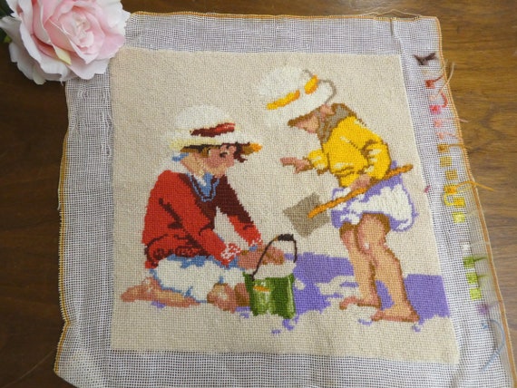 Kids at the Beach Finished Wool Needlepoint Panel 12x12, Children Playing  in the Sand Needle Point Completed 